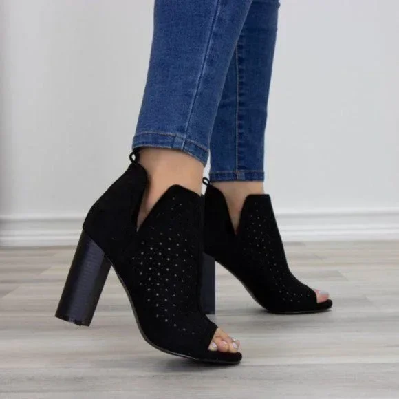 Perforated Block Heel Sandal Ankle Bootie - Picture 7 of 9